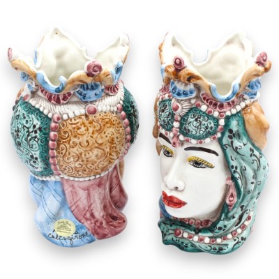 Cabezas moriscas emiri sicilianas (par), aprox. 18 cm de alto, cerámica de Caltagirone, MD3