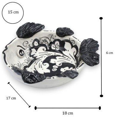 Fish Bowl, Caltagirone ceramic empty pockets, L 18 x 17 cm approx. Ornate Black Baroque decoration
