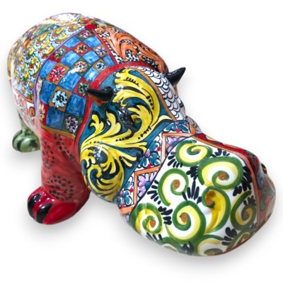 Riesiges Nilpferd aus der ÈLITE-Serie in Caltagirone-Keramik, ca. 70 x 30 cm. Sizilianische Dekoration.