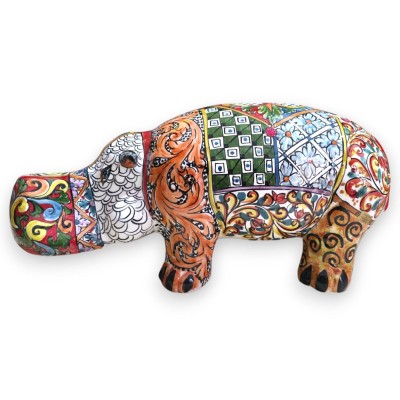 Riesiges Nilpferd aus der ÈLITE-Serie in Caltagirone-Keramik, ca. 70 x 30 cm. Sizilianische Dekoration.