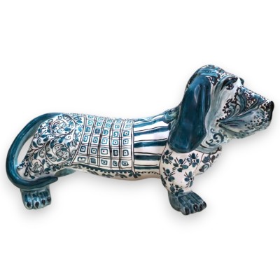 Perro salchicha gigante de la serie ÉLITE, cerámica de Caltagirone, 60x30 cm – Decoración en azul verdoso siciliano, escultura a