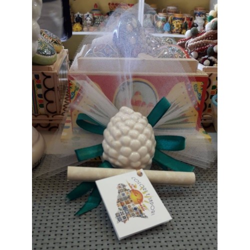 Sicilian ceramic pine cone magnet favors with fairy veil sack and 5 sugared almonds -  2