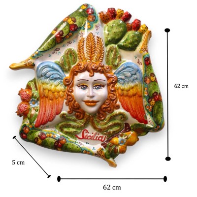 Reuzentrinacria van Caltagirone-keramiek, ca. 62 cm hoog. Cactusvijgdecoratie, groene achtergrond. MD5.
