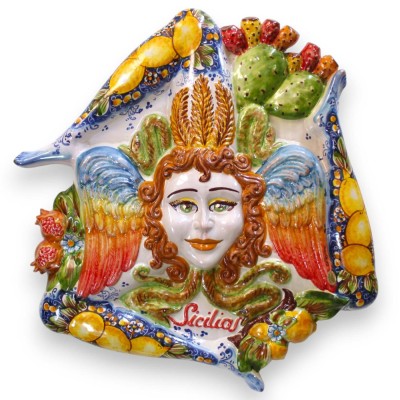 Reuzentrinacria van Caltagirone-keramiek, ca. 62 cm hoog. Citroendecoratie, blauwe achtergrond. MD6