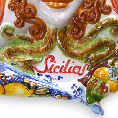 Giant Trinacria in Caltagirone ceramic, approx. 62 cm high. Lemon decoration, blue background. MD6