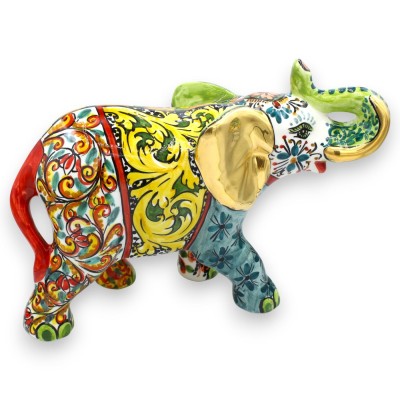 Elefante da Sorte Gigante, Cerâmica Caltagirone, 40 x 30 cm aprox. Série ÉLITE GOLD, detalhes em esmalte de ouro puro 24k