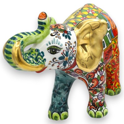 Elefante da Sorte Gigante, Cerâmica Caltagirone, 40 x 30 cm aprox. Série ÉLITE GOLD, detalhes em esmalte de ouro puro 24k