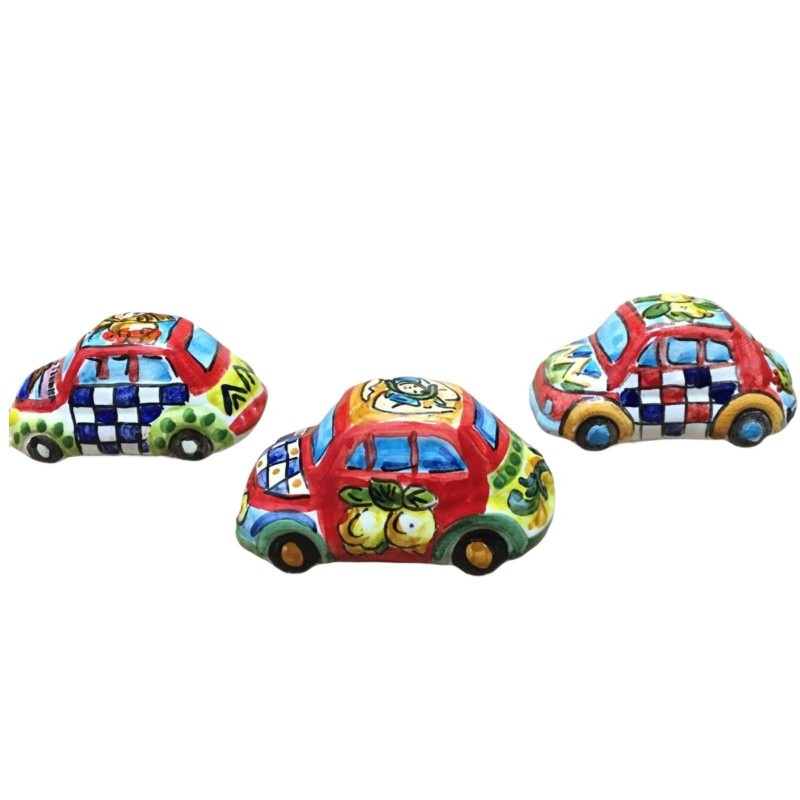 Cinquecento in miniatura in ceramica di Caltagirone decoro stile Carretto Siciliano - Misure circa 8x3,5 cm - 