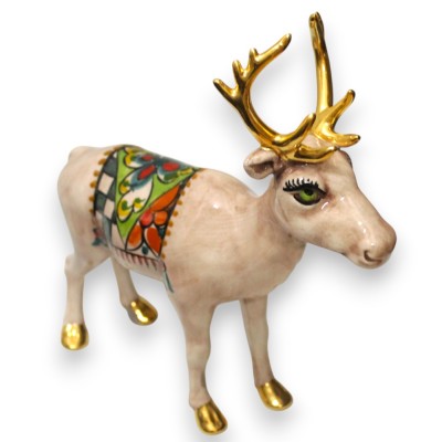 Rena de cerâmica de Caltagirone, aproximadamente 25 x 24 cm. Com sela decorada, esmalte dourado 24k e decoração aleatória.
