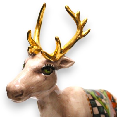 Caltagirone Ceramic Reindeer, approx. 25 x 24 cm. With decorated saddle, 24k gold enamel, random decoration.