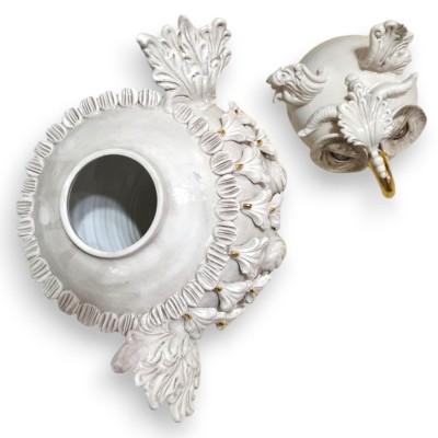 Civetta Vaso Porta segreti, ceramica Caltagirone, due opzioni Misura (1Unità) Bianco Antico, smalto oro zecchino 24k