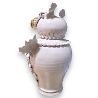 Civetta Vaso Porta segreti, ceramica Caltagirone, due opzioni Misura (1Unità) Bianco Antico, smalto oro zecchino 24k
