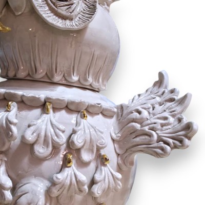 Civetta Vaso Porta segreti, ceramica Caltagirone, due opzioni Misura (1Unità) Bianco Antico, smalto oro zecchino 24k