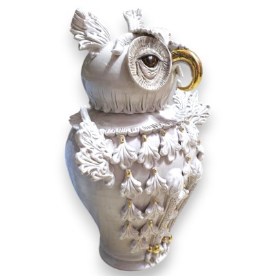 Civetta Vaso Porta segreti, ceramica Caltagirone, due opzioni Misura (1Unità) Bianco Antico, smalto oro zecchino 24k