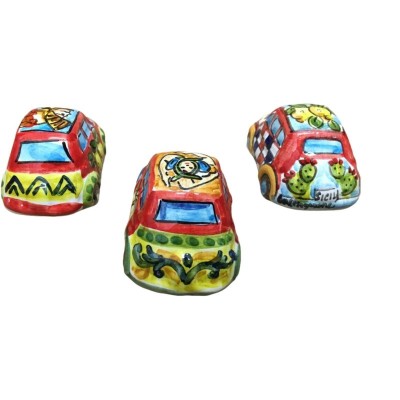 Cinquecento in miniatura in ceramica di Caltagirone decoro stile Carretto Siciliano - Misure circa 8x3,5 cm - 