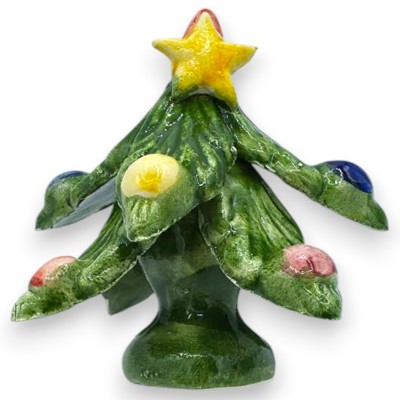 Choinka z gwiazdą i czubkiem, ceramika Caltagirone, wysokość ok. 7/8 cm. Kolory losowe i wielokolorowe kule.