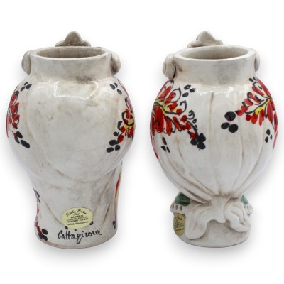 Cabeças mouras sicilianas (par), com aproximadamente 13/14 cm de altura, cerâmica de Caltagirone, com friso e decoração do sécul