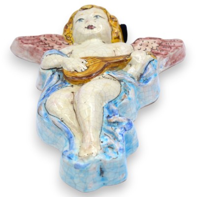 Hängande ängel i putto, fin siciliansk keramik, h 17 x 13 cm (ca) med krackeleringseffekt