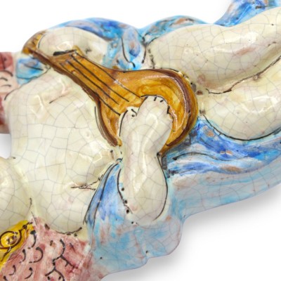 Hanging Putto Angel, fine Sicilian Ceramic, h 17 x 13 cm (approx.) with craquelure effect