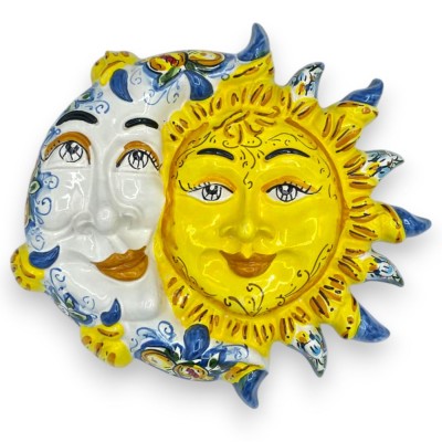 Keramikfigur einer Sonnenfinsternis aus Caltagirone, Sonne und Mond, ca. 30 x 30 cm, mit zufälliger Dekoration.