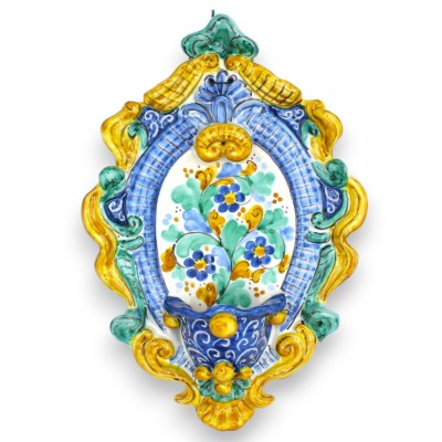 Bénitier en céramique sicilienne - environ 30 x 20 cm de hauteur, décor floral et baroque, MD6