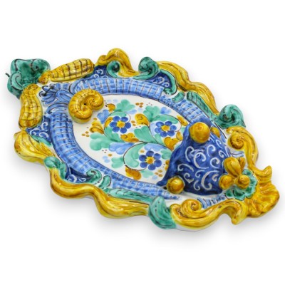 Bénitier en céramique sicilienne - environ 30 x 20 cm de hauteur, décor floral et baroque, MD6