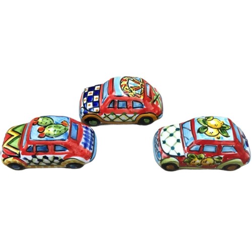 Cinquecento in miniatura in ceramica di Caltagirone decoro stile Carretto Siciliano - Misure circa 8,5x4 cm -