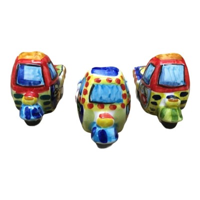 Motocicleta APE miniatura em cerâmica Caltagirone com decoração estilo carrinho siciliano - Mede 5 cm - 