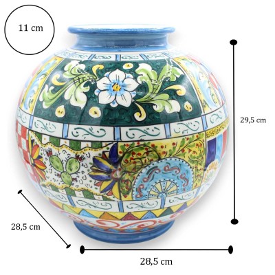 Vaso esférico de aproximadamente 30 cm de altura e 28 cm de diâmetro (segunda opção). Decoração de carroça siciliana em cerâmica