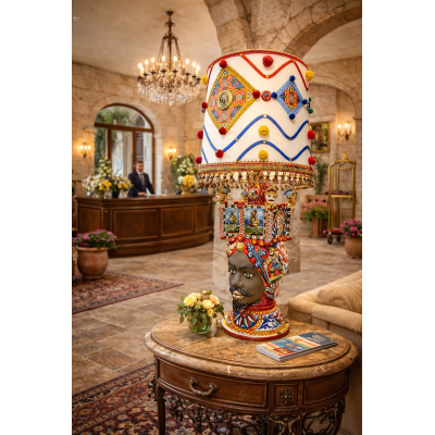 Moor's Head Lamp, Caltagirone keramik, höjd 90 x 45 cm ca. Crown Sponda siciliansk vagn