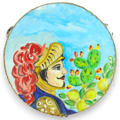 Pandeiro siciliano com chocalhos, Ø 20 cm aprox., em madeira e couro genuíno, pintado à mão, Busto de Paladino.