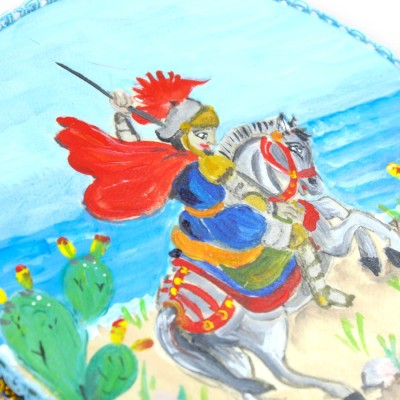 Pandereta siciliana con sonajeros, Ø 20 cm aprox. en madera y cuero genuino, pintada a mano, Paladín a caballo