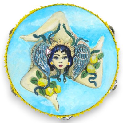 Pandeiro siciliano com chocalhos, Ø 20 cm aprox., em madeira e couro genuíno, pintado à mão, Trinacria e Limões.