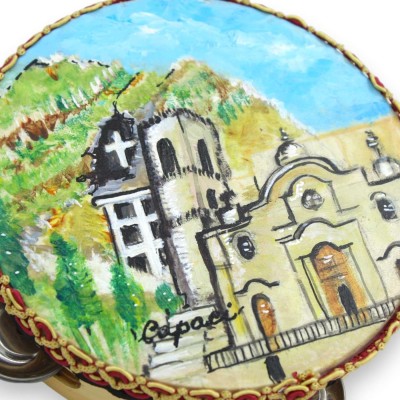 Sizilianisches Tamburin mit Rasseln, Ø ca. 15 cm, aus Holz und echtem Leder, handbemalt, Mutterkirche von Capaci