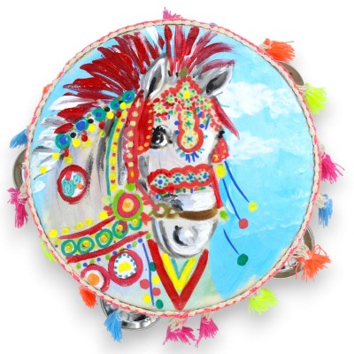 Sicilian tambourine with rattles, Ø 15 cm approx. in wood and genuine leather, hand painted, Sicilian Cart Horse