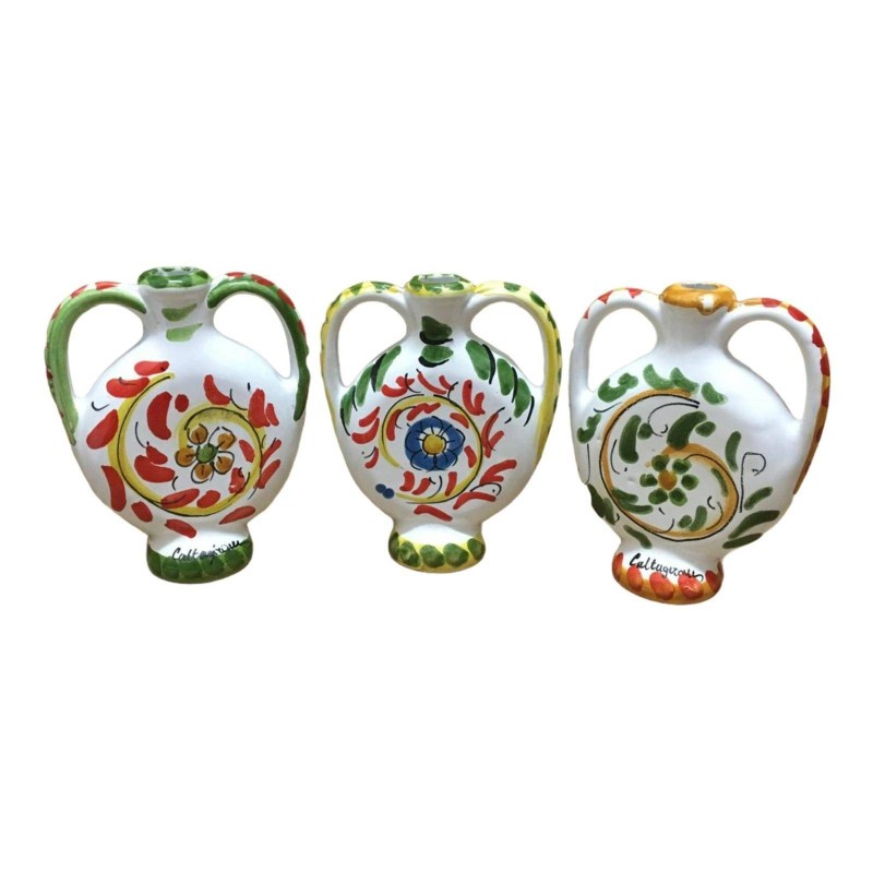 Flacon en céramique Caltagirone avec anses h 14 x l 11 cm environ. (1pc) Décoration à thème style charrette sicilienne m