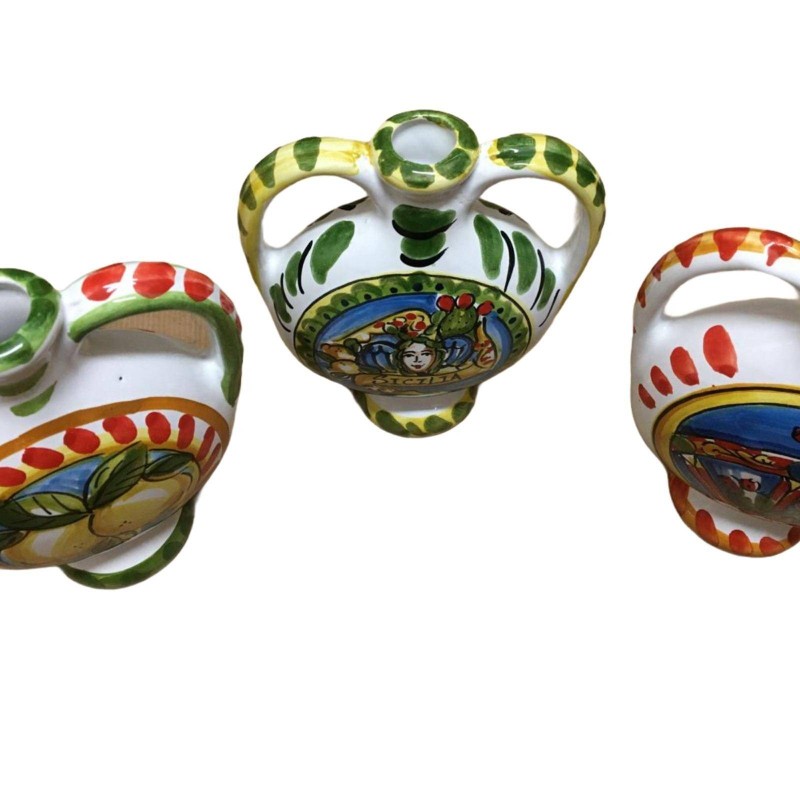 Flacon en céramique Caltagirone avec anses h 14 x l 11 cm environ. (1pc) Décoration à thème style charrette sicilienne m