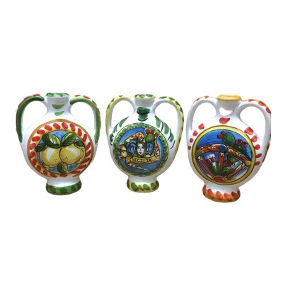 Flacon en céramique Caltagirone avec anses h 14 x l 11 cm environ. (1pc) Décoration à thème style charrette sicilienne m