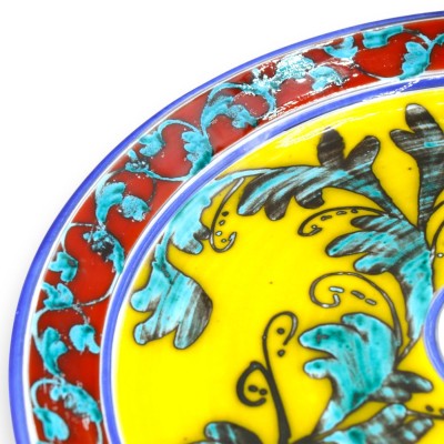 Prato ornamental, cerâmica siciliana, Ø 45 cm aprox. Vermelho selênio, decoração barroca, sobre fundo amarelo