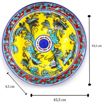 Sierbord, Siciliaans keramiek, Ø ca. 45 cm. Seleniumrood, barokdecoratie, op een gele achtergrond.
