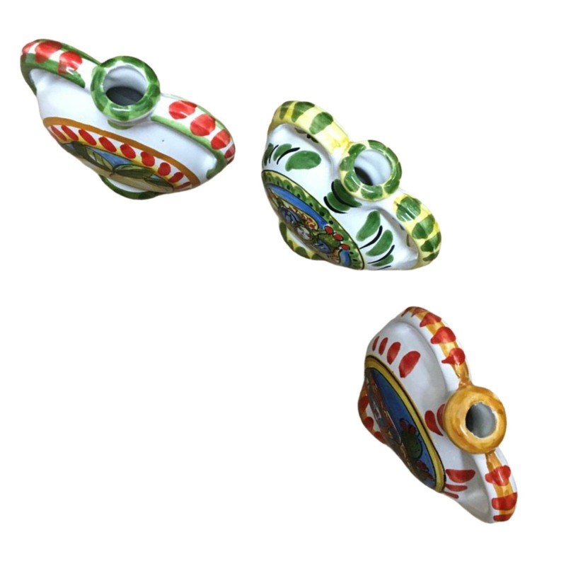 Fiasco con manici ceramica Caltagirone h 14 x l 11 cm ca. (1Unità) decoro a tema stile Carretto Siciliano ma casuale - 