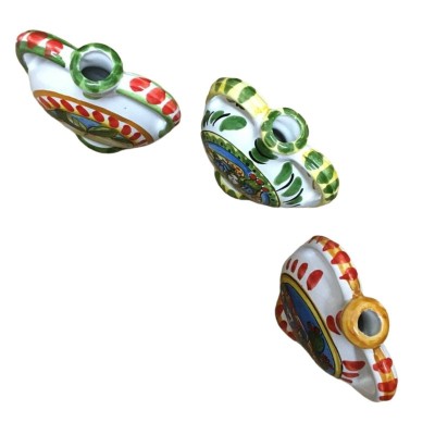 Fiasco con manici ceramica Caltagirone h 14 x l 11 cm ca. (1Unità) decoro a tema stile Carretto Siciliano ma casuale - 