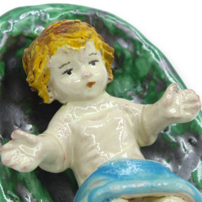 Baby Jesus on a prickly pear altarpiece, Caltagirone ceramic, approx. 16 x 10 cm. Handcrafted.