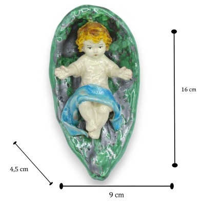 Baby Jesus on a prickly pear altarpiece, Caltagirone ceramic, approx. 16 x 10 cm. Handcrafted.