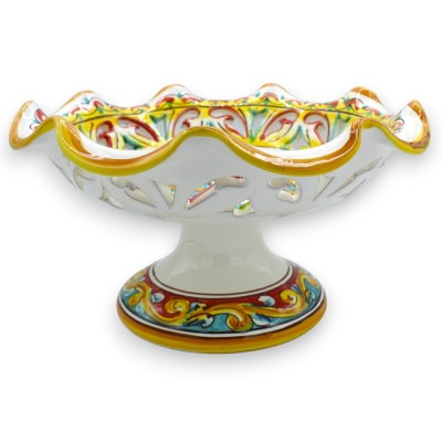 Alzata centrotavola fruttiera ceramica Caltagirone, Smerlato e traforato, 3 Misure (1Unità) decoro Fiore e Barocco