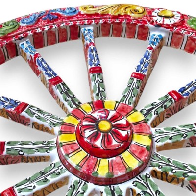 Sizilianisches Wagenrad, Caltagirone-Keramik, Ø ca. 50 cm, geprägtes Dekor auf rotem Grund