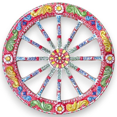 Sizilianisches Wagenrad, Caltagirone-Keramik, Ø ca. 50 cm, geprägtes Dekor auf rotem Grund