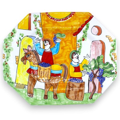 Achteckiges Tablett / Hängeteller - ca. 33 x 40 cm. Feine Keramik, Motiv: Weinlese.