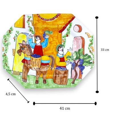 Achteckiges Tablett / Hängeteller - ca. 33 x 40 cm. Feine Keramik, Motiv: Weinlese.