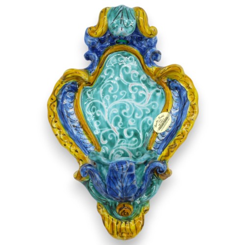 Sicilian ceramic holy water stoup, baroque motif and...